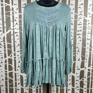 Free People Sage Green Gauze Eyelet Boho Top XS